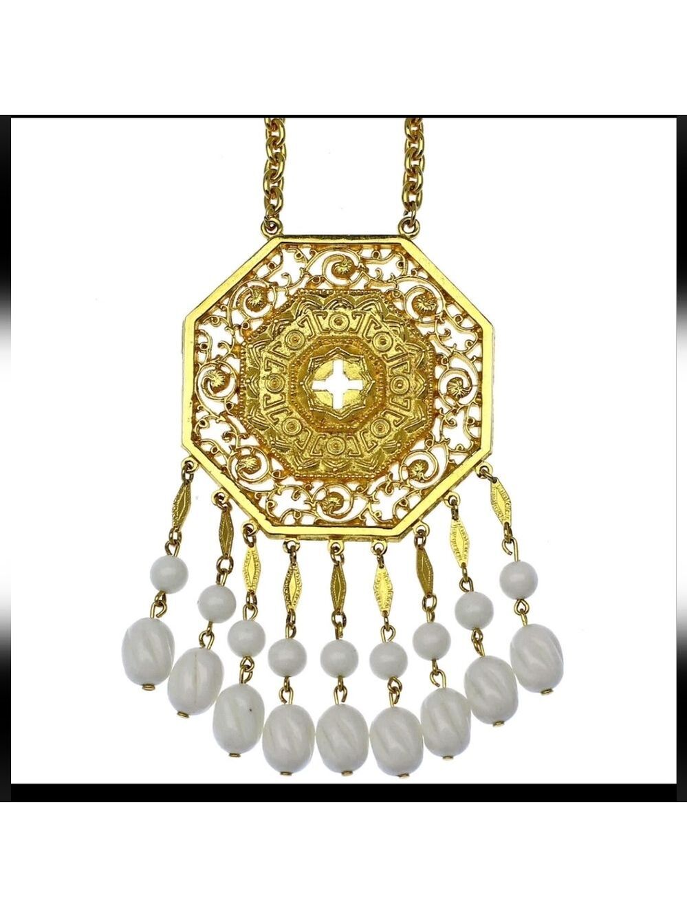 60s Vintage Vendome Gold Tone Pendant Necklace Etruscan Mod White Lucite Dangles
